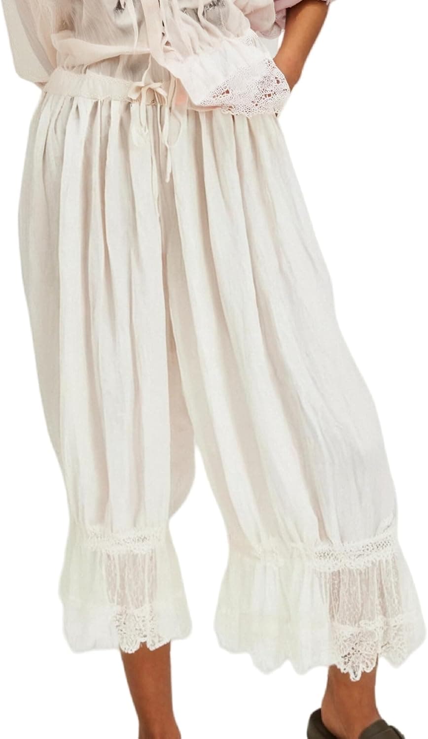 UAURORAO Women Lace Trim Long Bloomers Elastic Mid Rise Ruffle Pantaloons Croppe