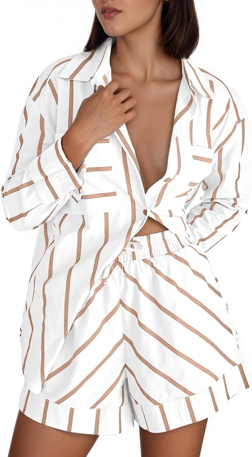 Tankaneo Womens Striped 2 Piece Outfits Button Down Shirts and Shorts Lounge Mat