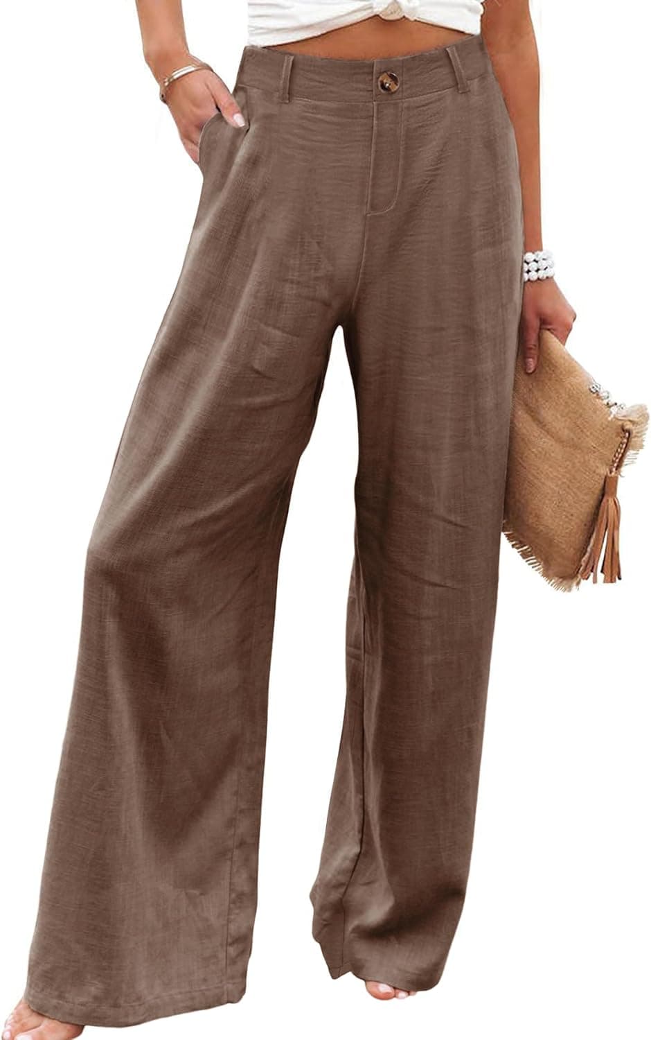 Hooever Womens Cotton Linen Pants Casual Button Up High Waisted Wide Leg Trouser