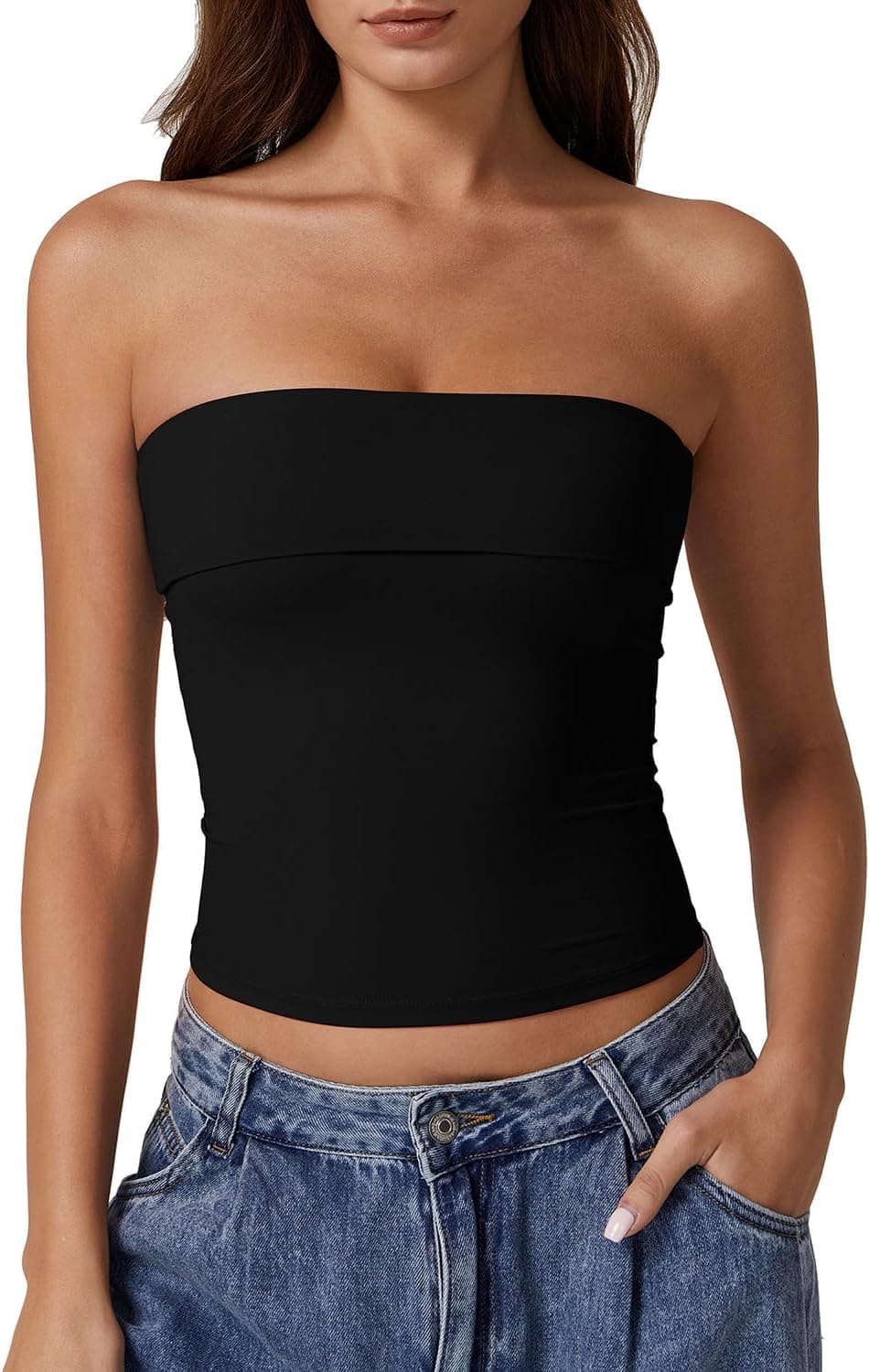 QINSEN Women’s Tube Tops Strapless Bandeau Tops Double Lined Slim Fit Summer Goi