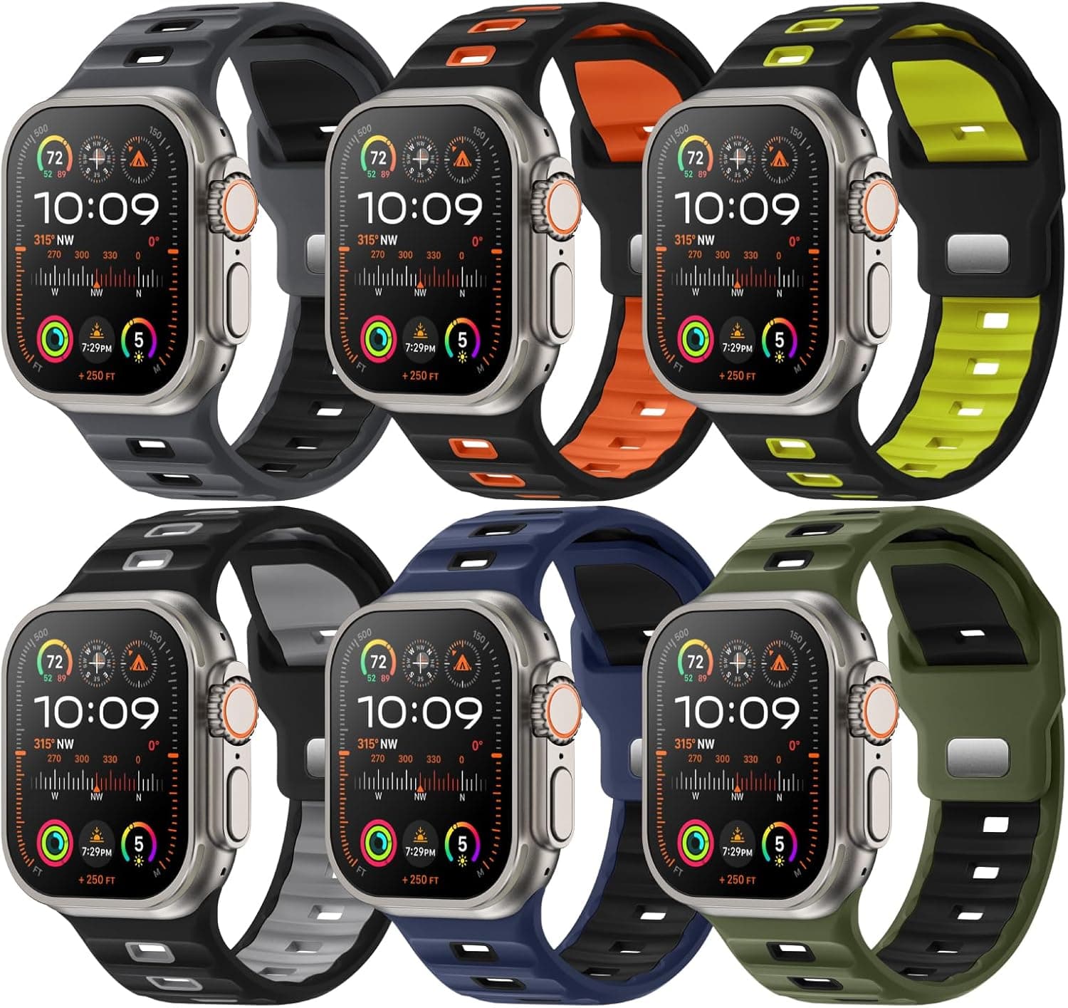 Sport Bands 6-Pack Compatible with Apple Watch Ultra 3/2 Band 49mm 46mm 45mm 44mm 42mm, Wide Soft Silicone Wristbands Waterproof Strap Men for iWatch Series 11 10 9 8 7 6 5 4 3 SE Ultra