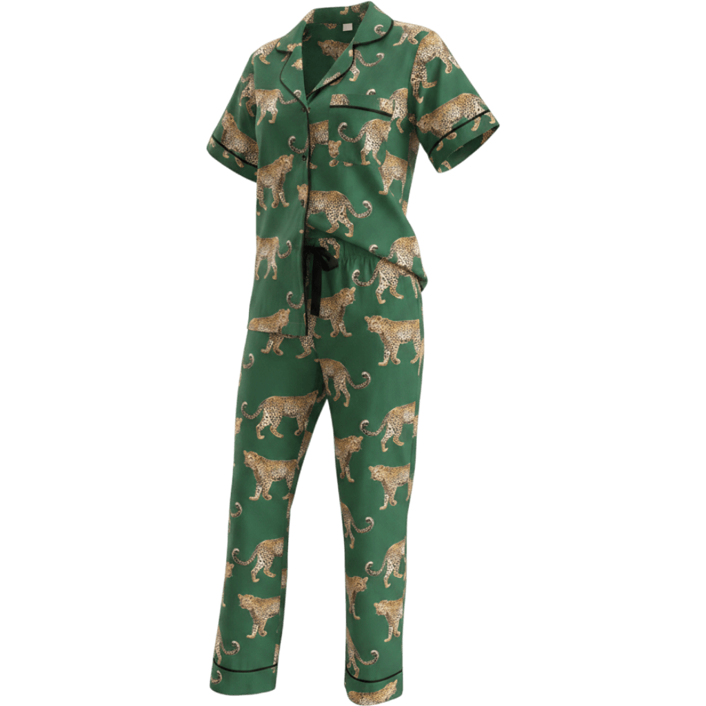 Green Cheetah Print Short Sleeve Shirt and Pants Pajama Set